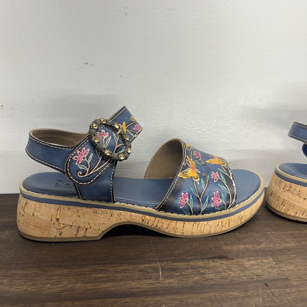 L'Artiste Spring Step Butterfly Cork Wedge Sandals 41 Blue Floral Buckle Kenna - Picture 2 of 11
